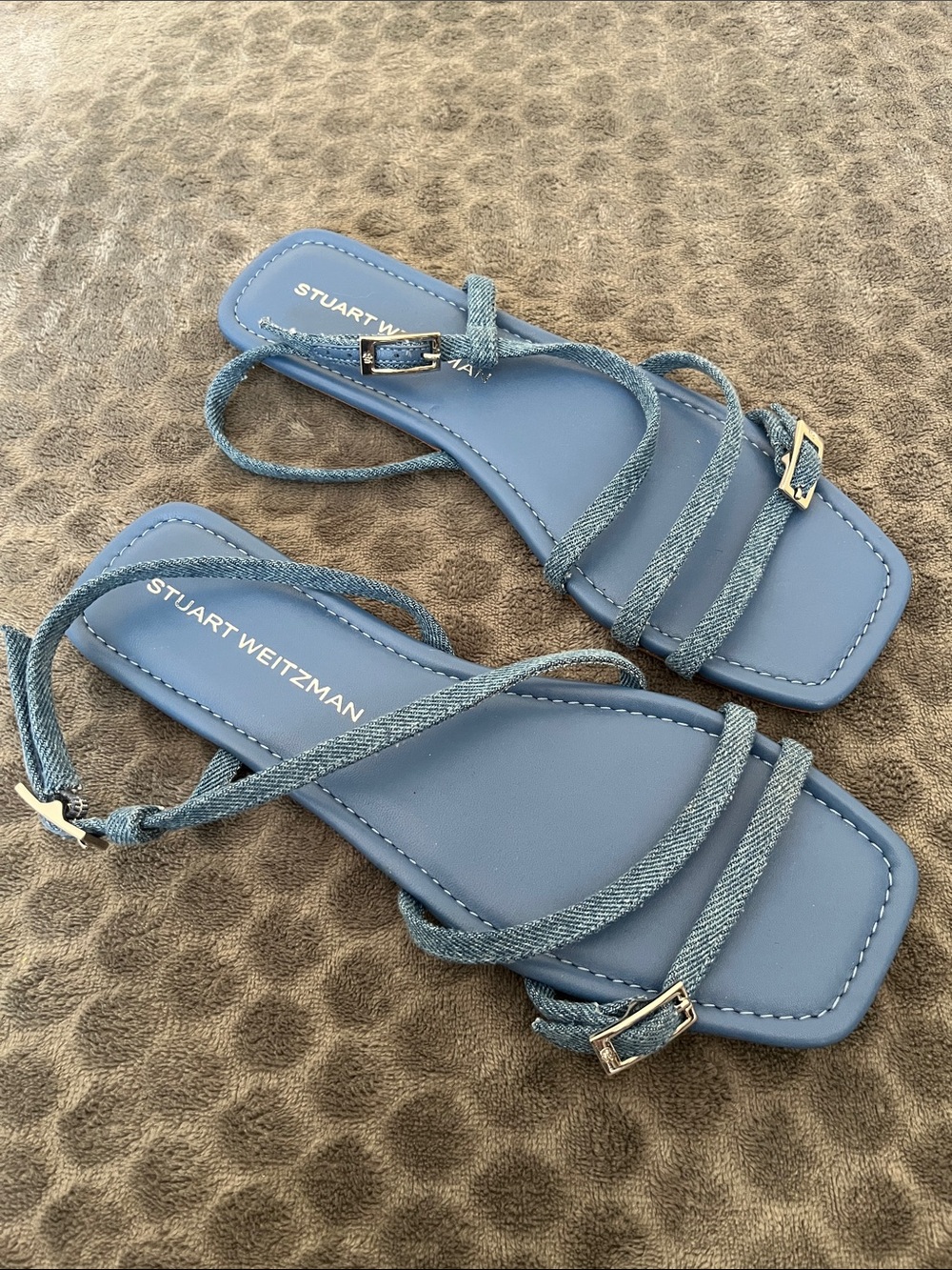 Stuart Weitzman Georgie Denim-Style Light Blue Strappy Square-Toe Sandals